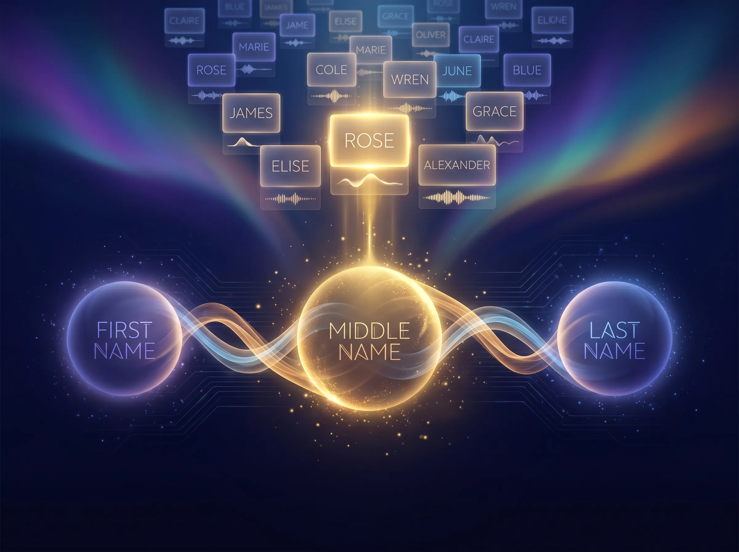 Baby middle name generator showing glowing middle name cards floating with golden connections between first and middle names like Emma Rose and Oliver James