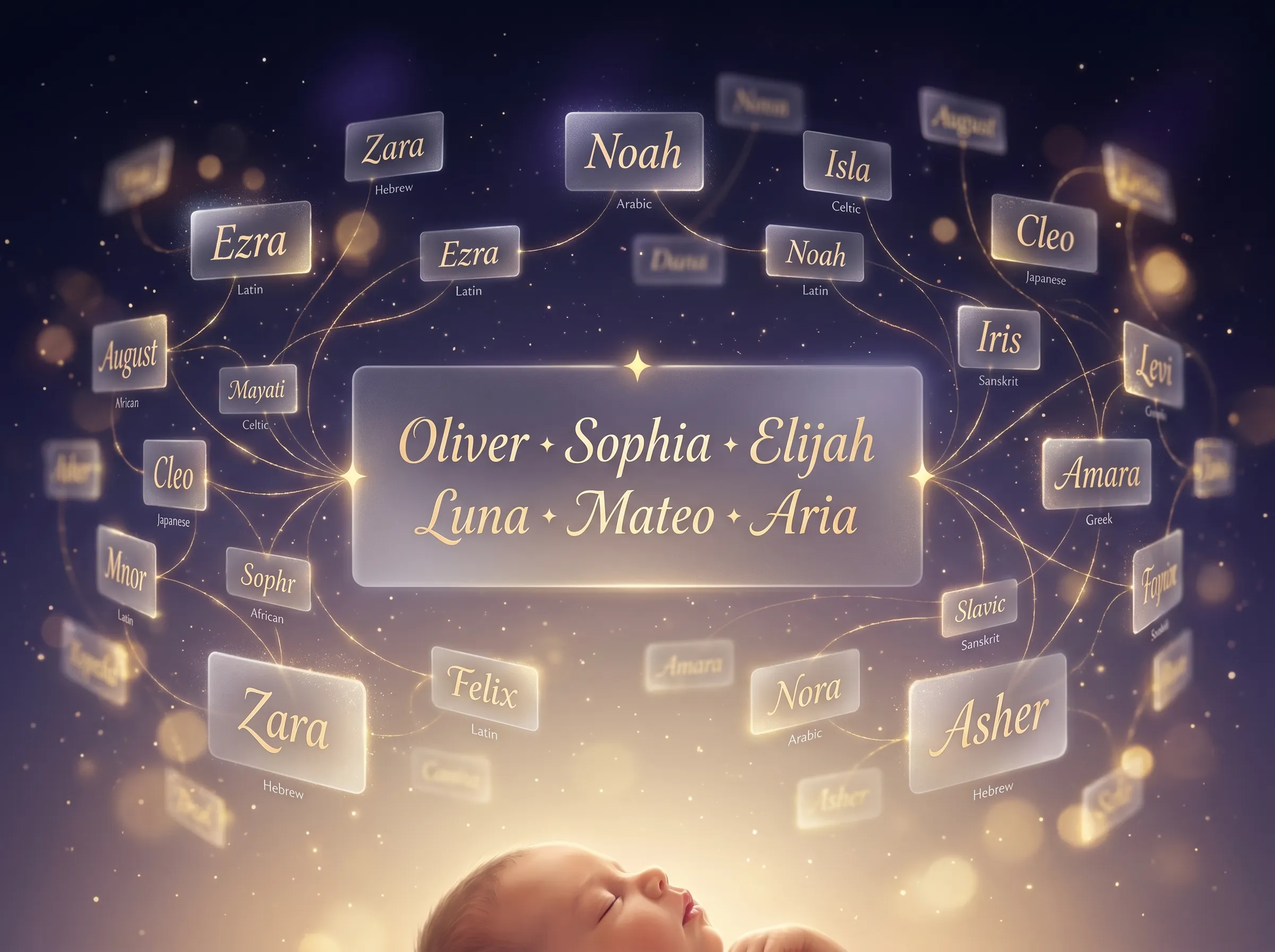 Baby name generator showing glowing name cards with names like Oliver, Sophia, Elijah, Luna and Mateo in gold calligraphy